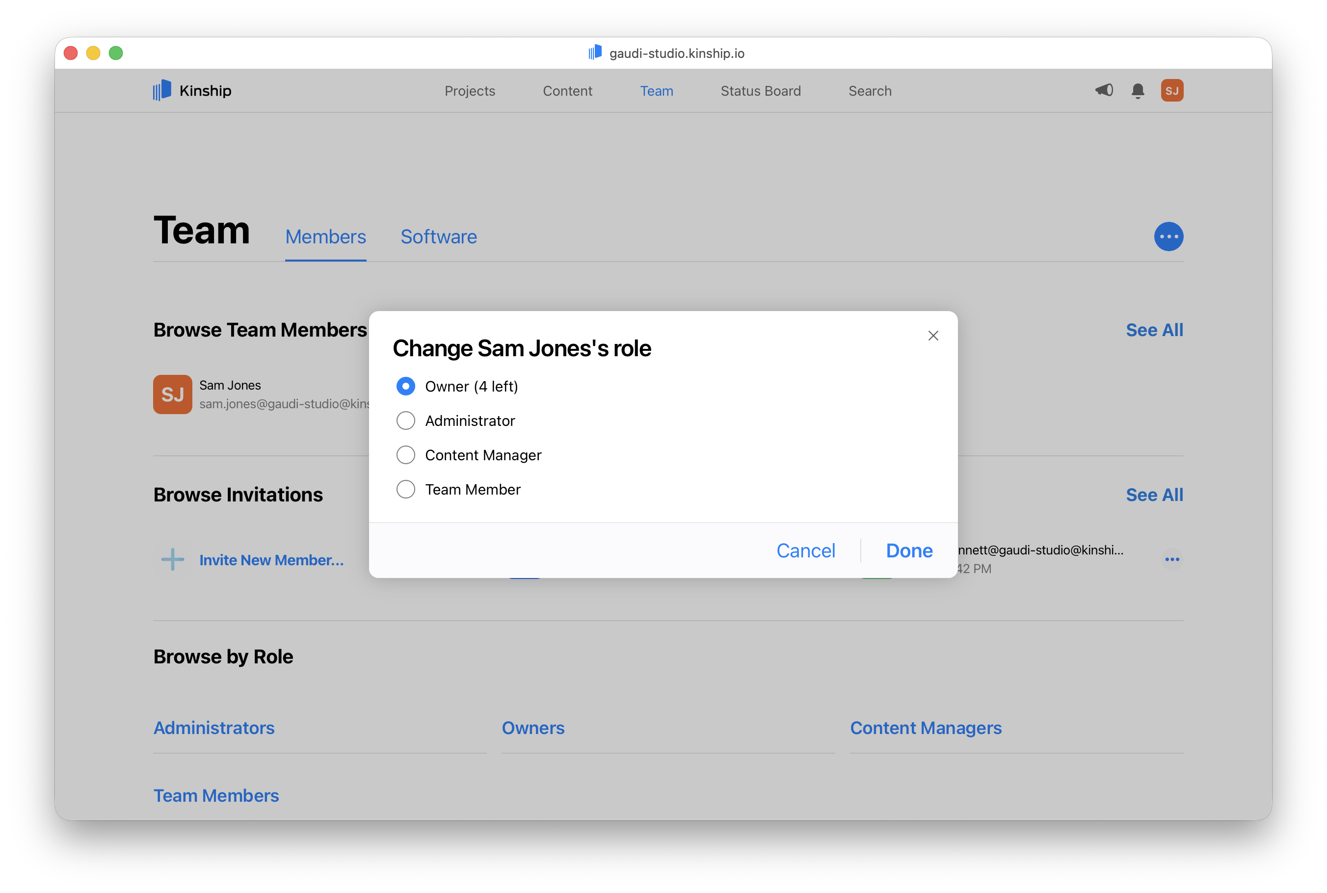 Change role dialog showing available role options
