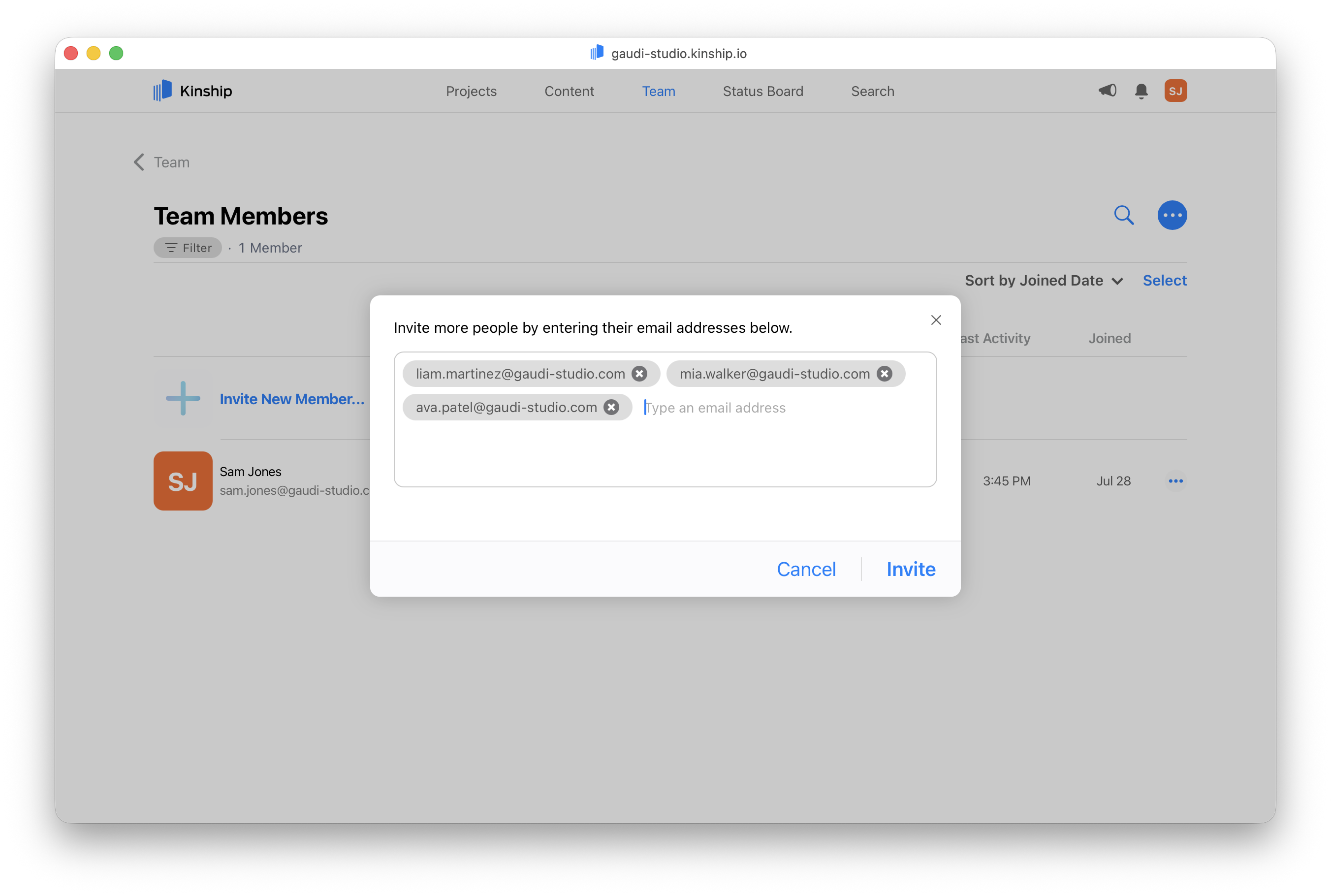 Invite dialog with email chips and active Invite button