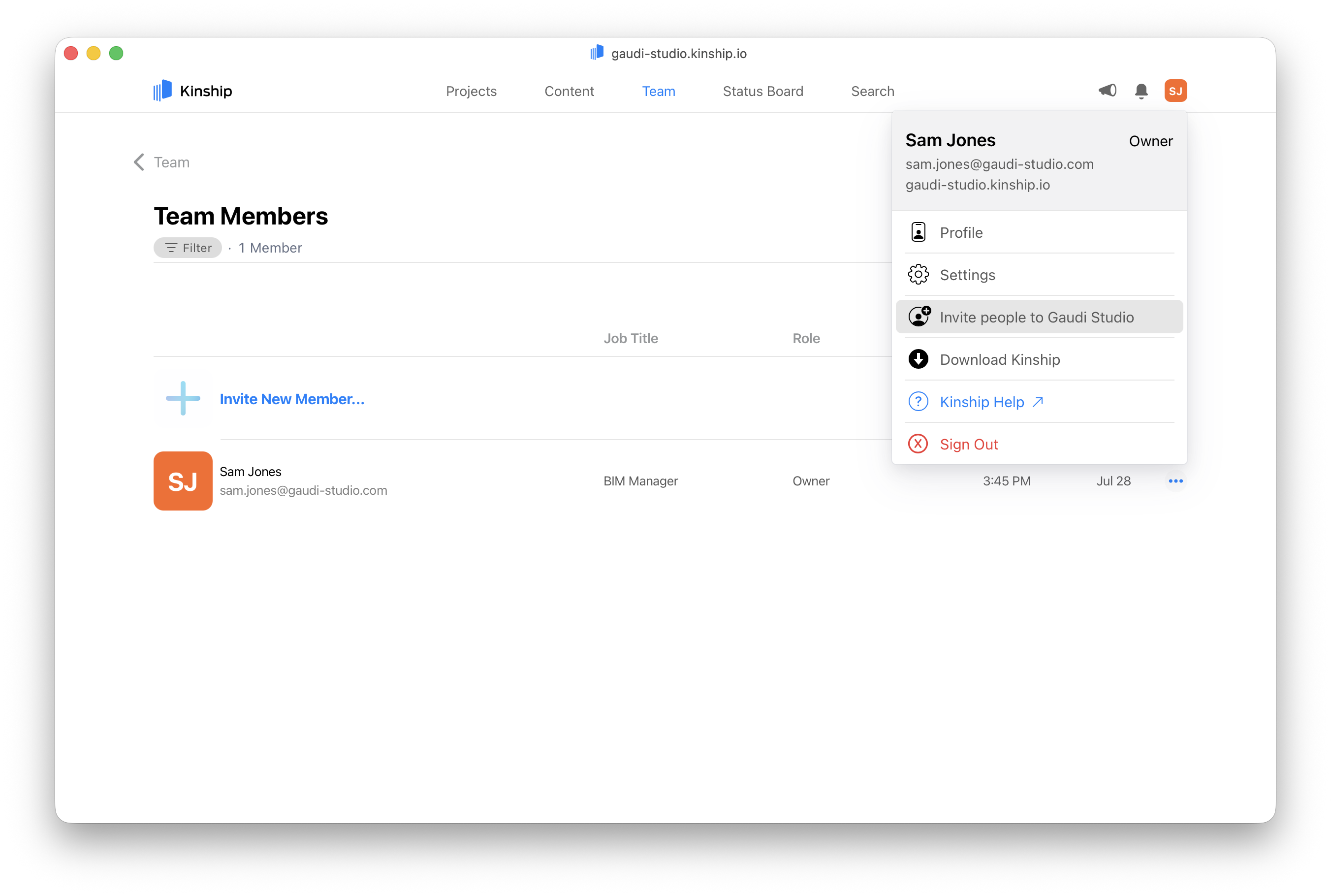 User menu showing an option to invite users