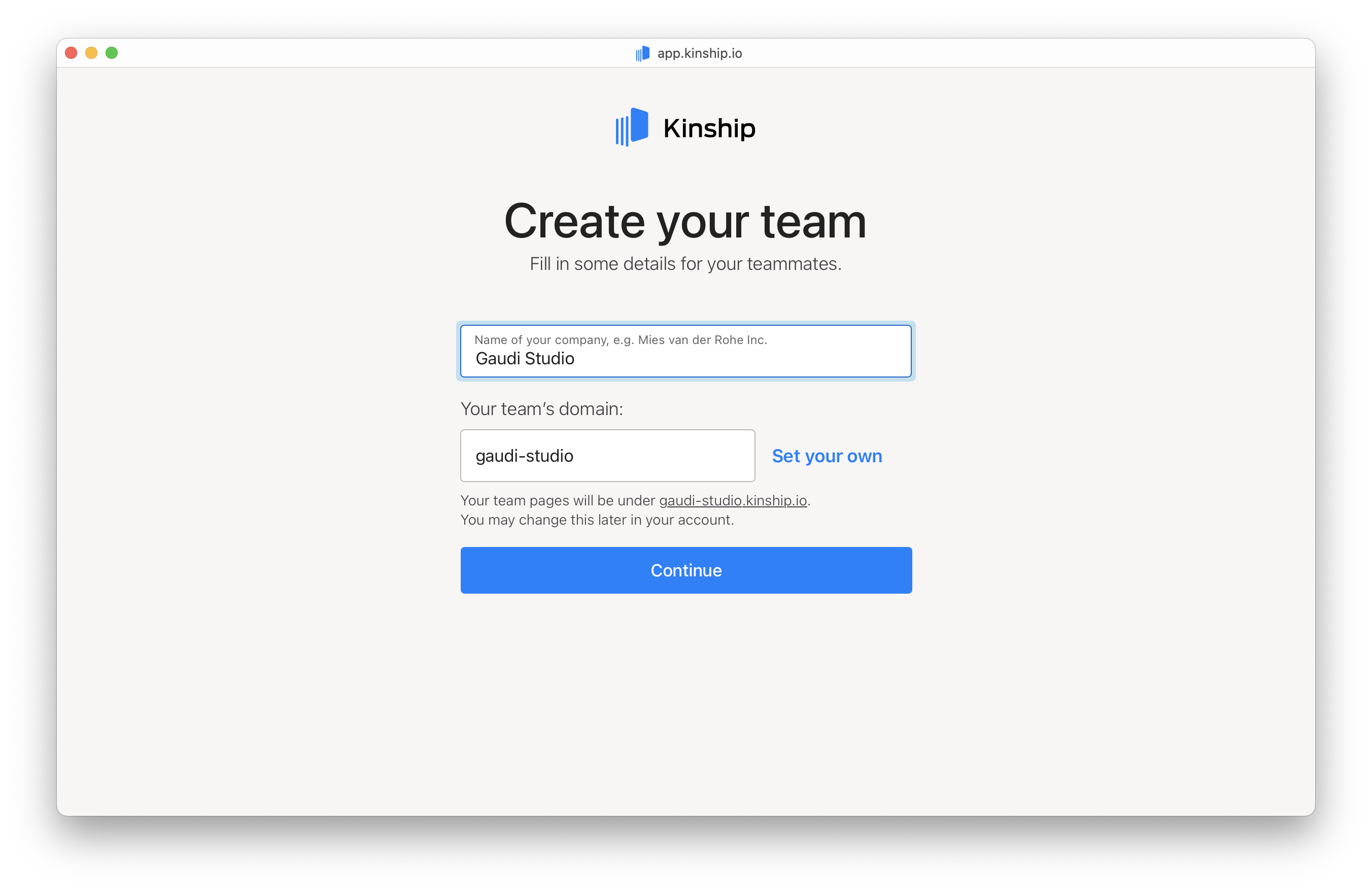 Enter team details - default domain