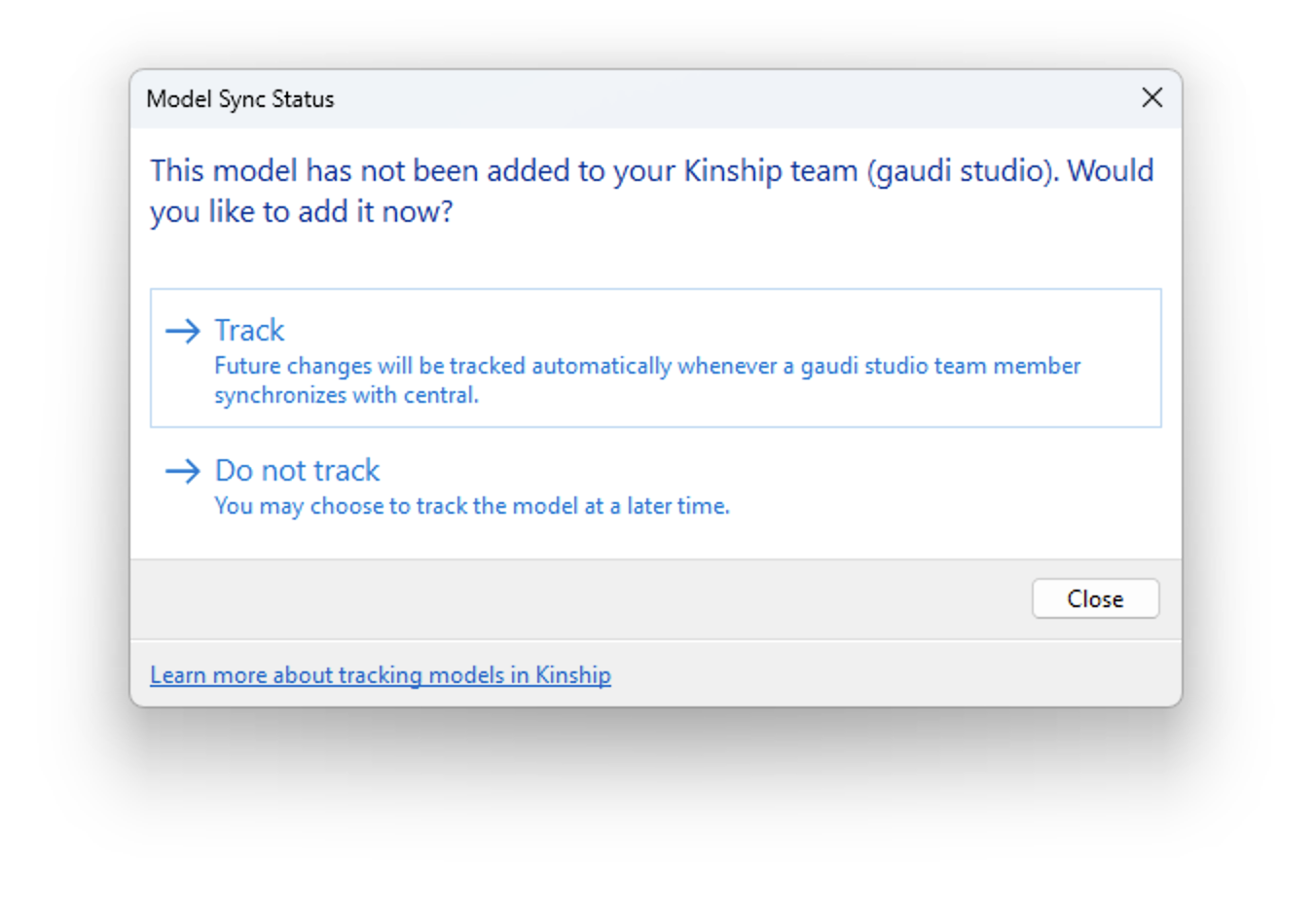 Model tracking dialog