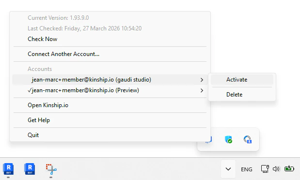 Taskbar menu with Kinship icon and teams list and activate button