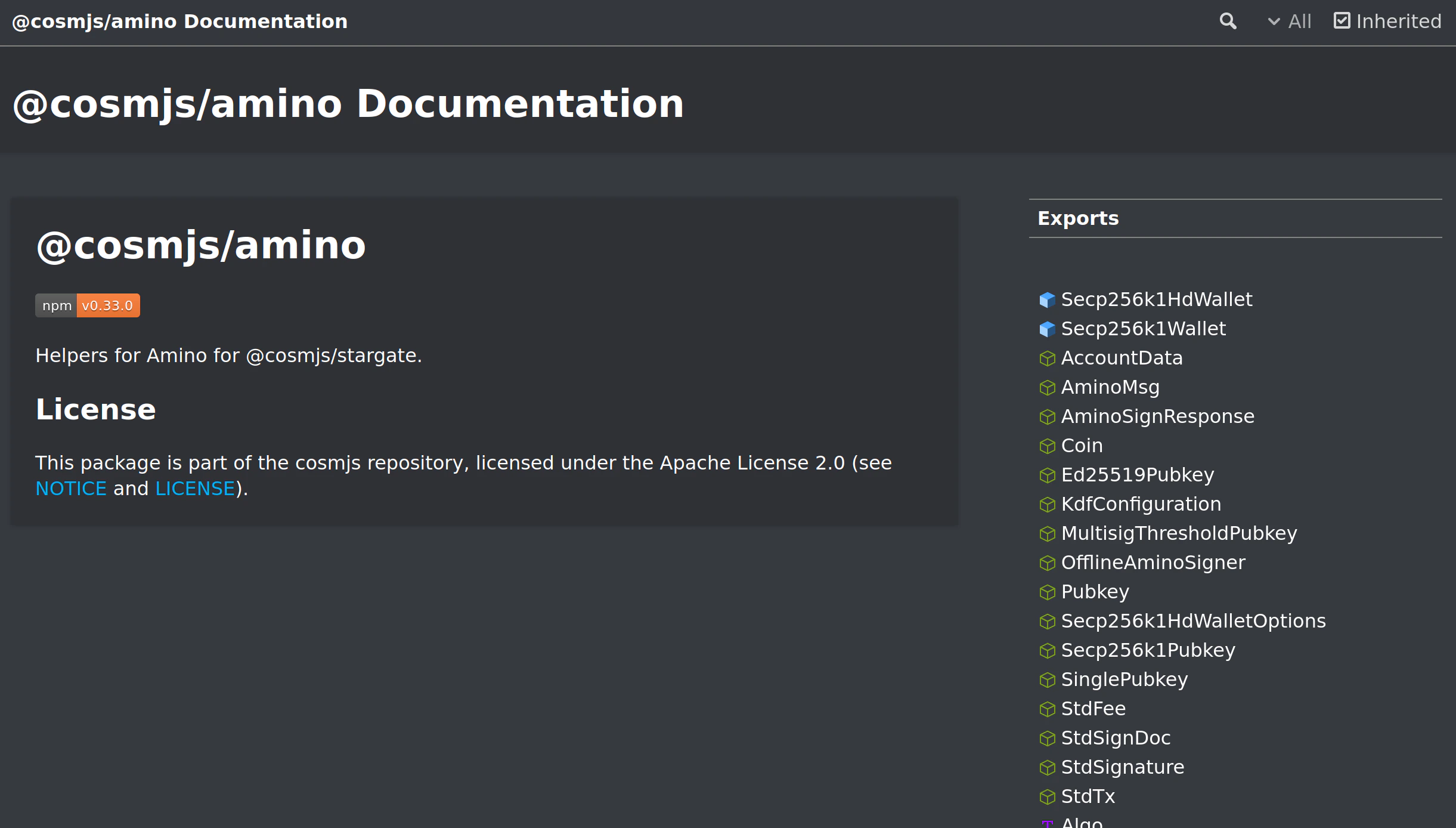 CosmJS Amino Documentation Landing Page