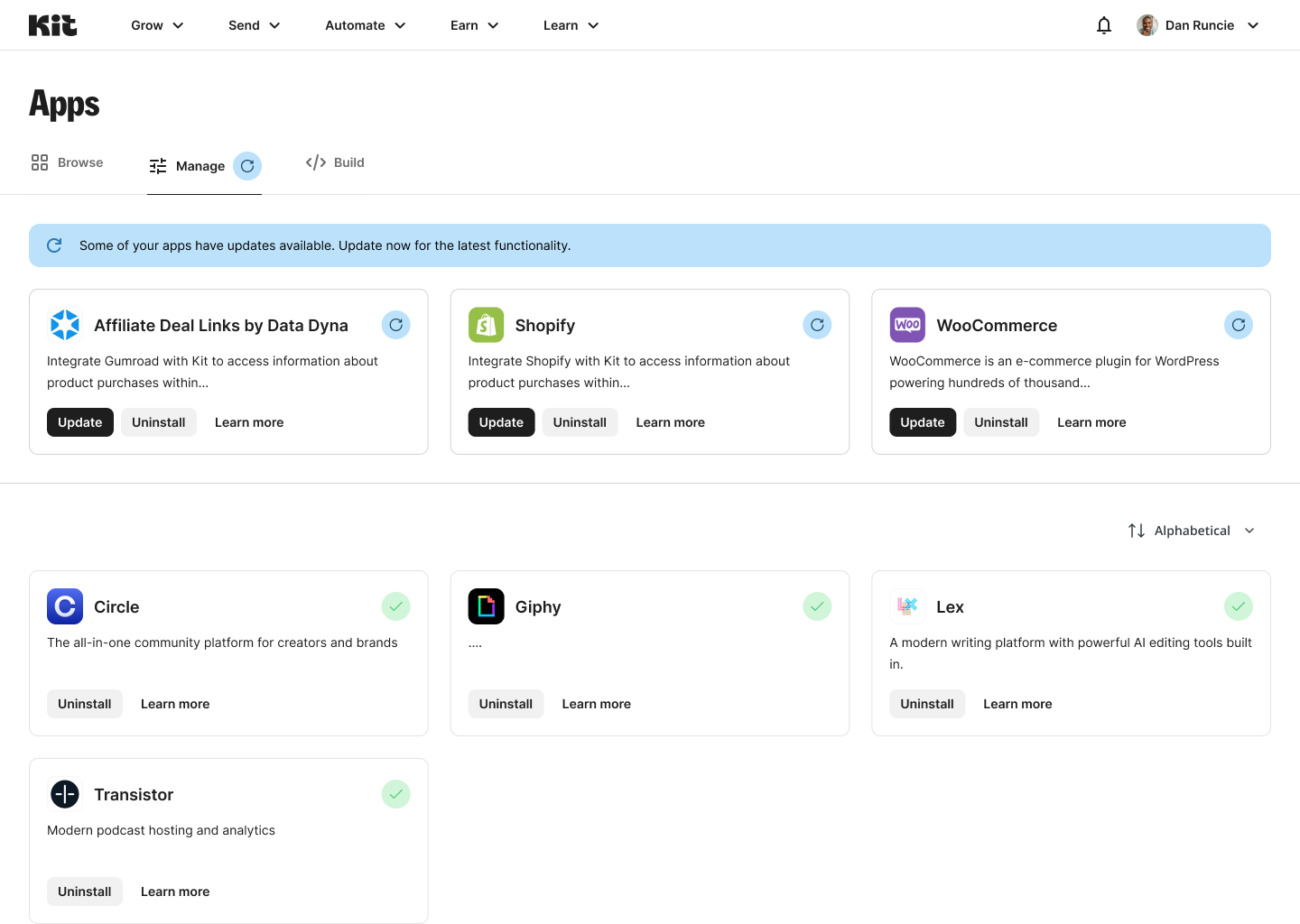 app update section on manage tab