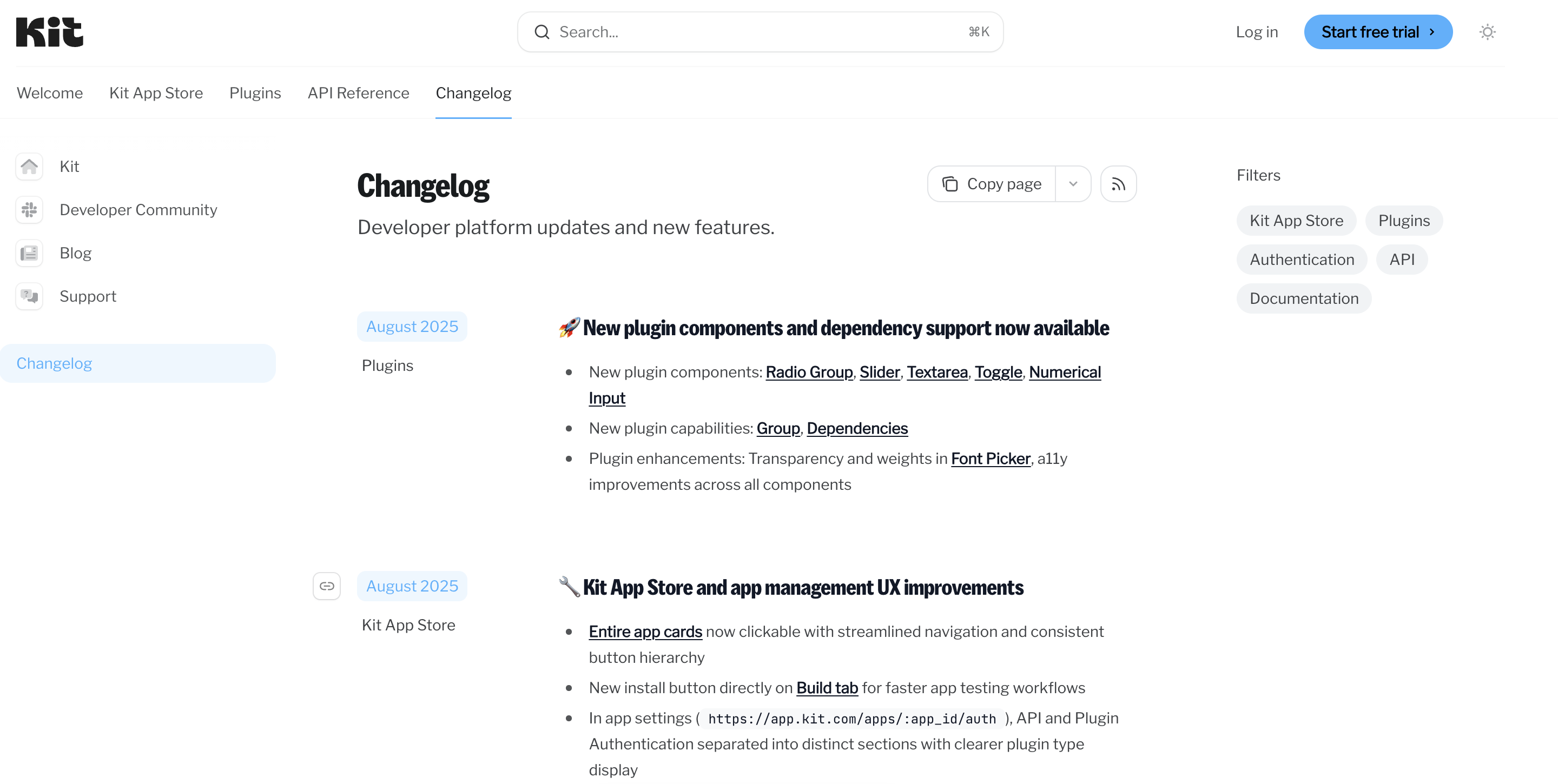 Developer changelog interface