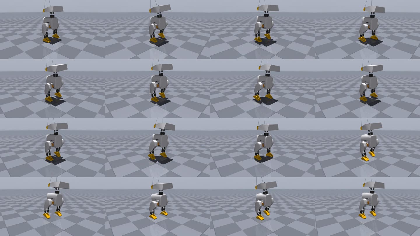 Sixteen frames of Open Duck Mini v2 walking upright with alternating steps