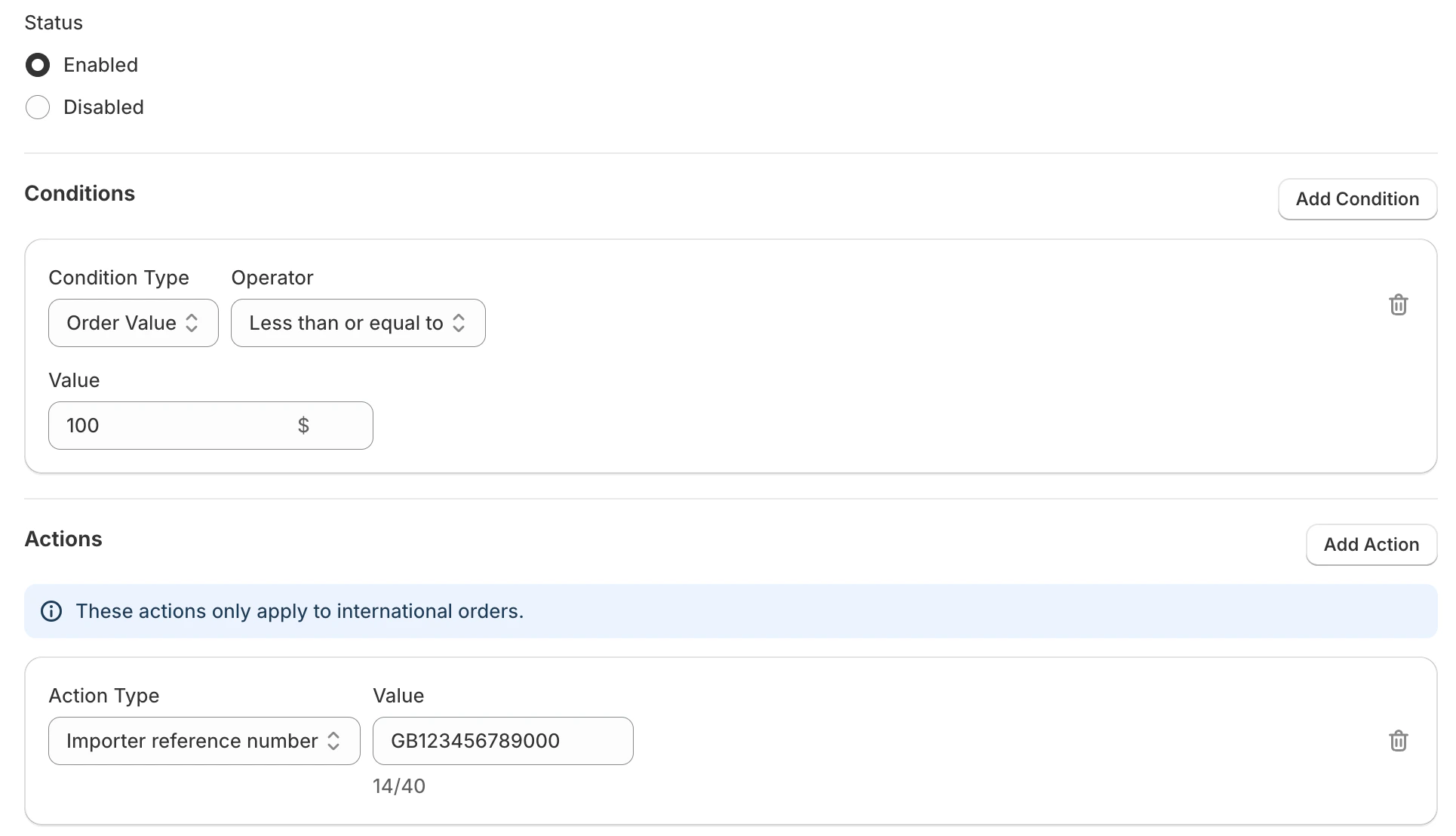 Shipping rule action: Importer reference number for international orders