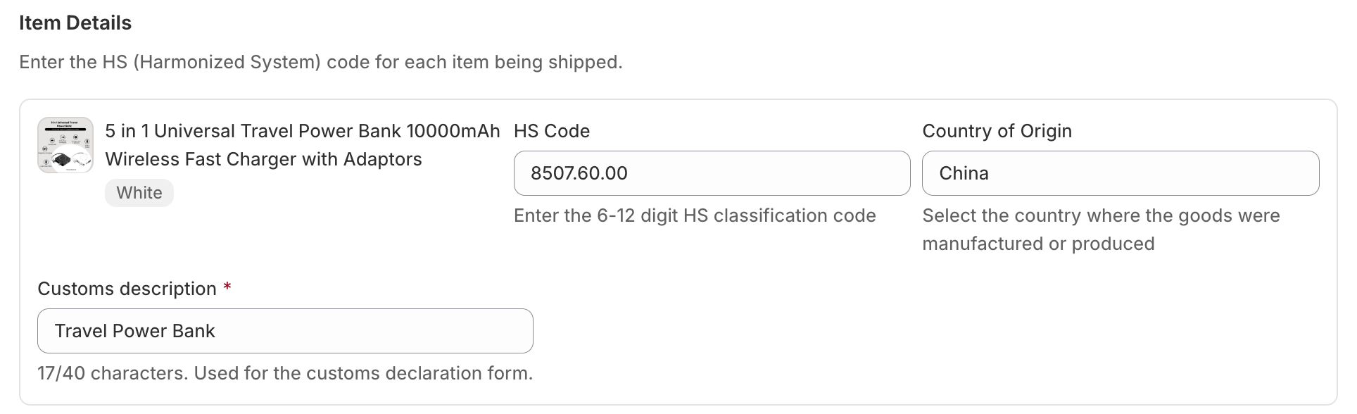 Customs declaration Item Details section showing editable Customs description field prefilled per line item