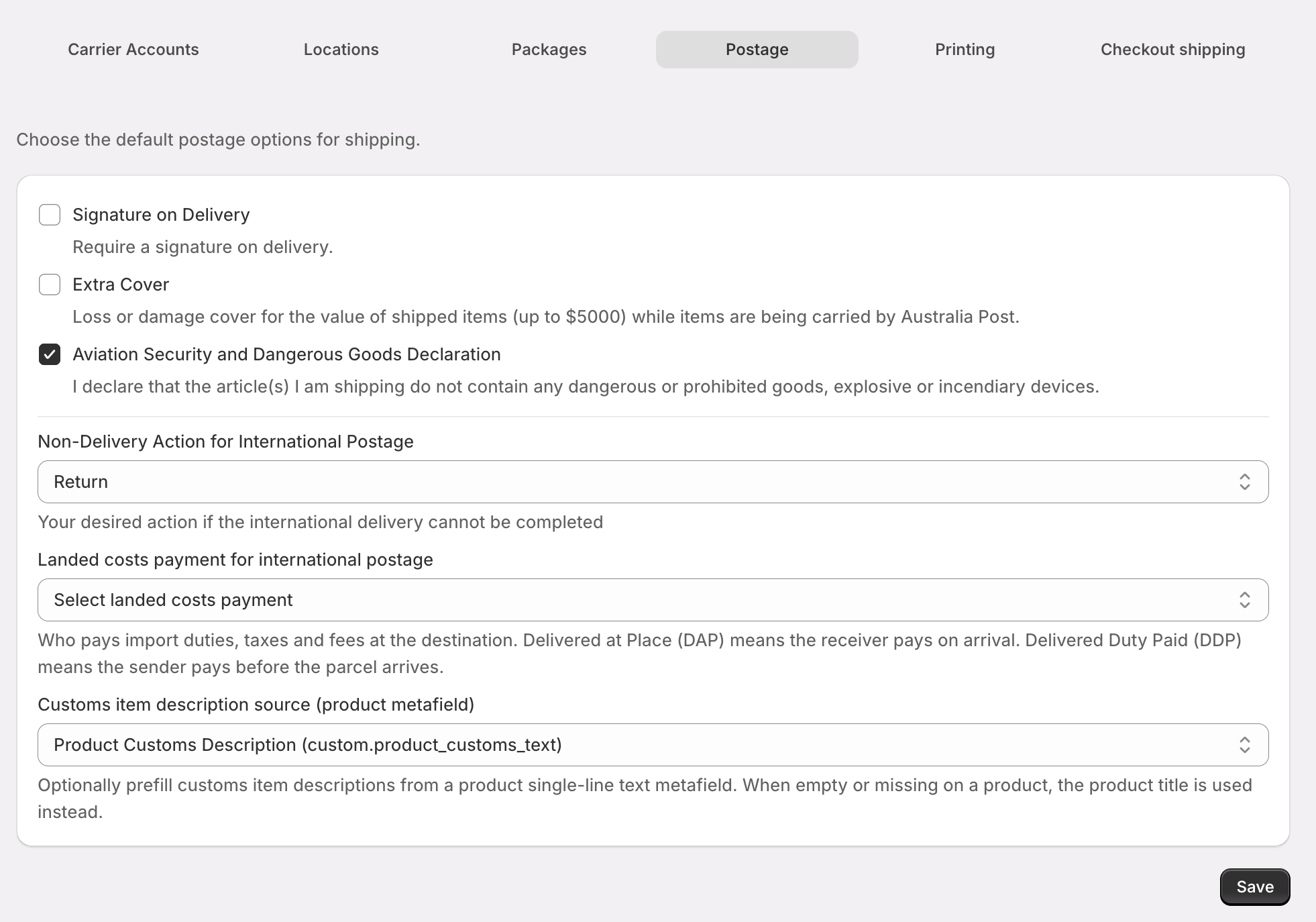 Kivaro Settings Postage tab showing landed costs payment and Customs item description source product metafield dropdown