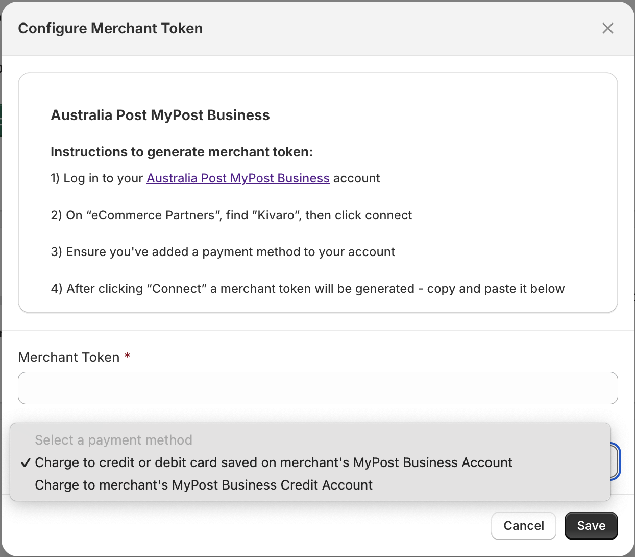 Australia Post Kivaro connection page with merchant token