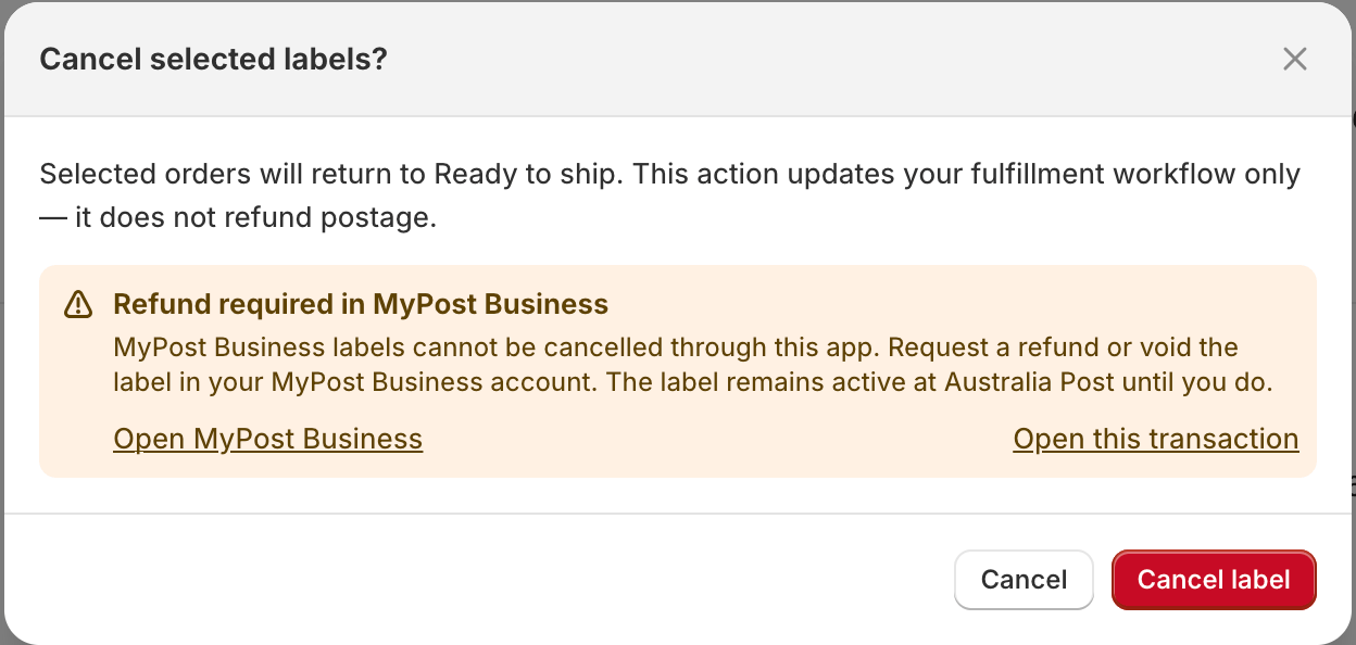 Cancel label confirmation modal with MyPost Business refund warning