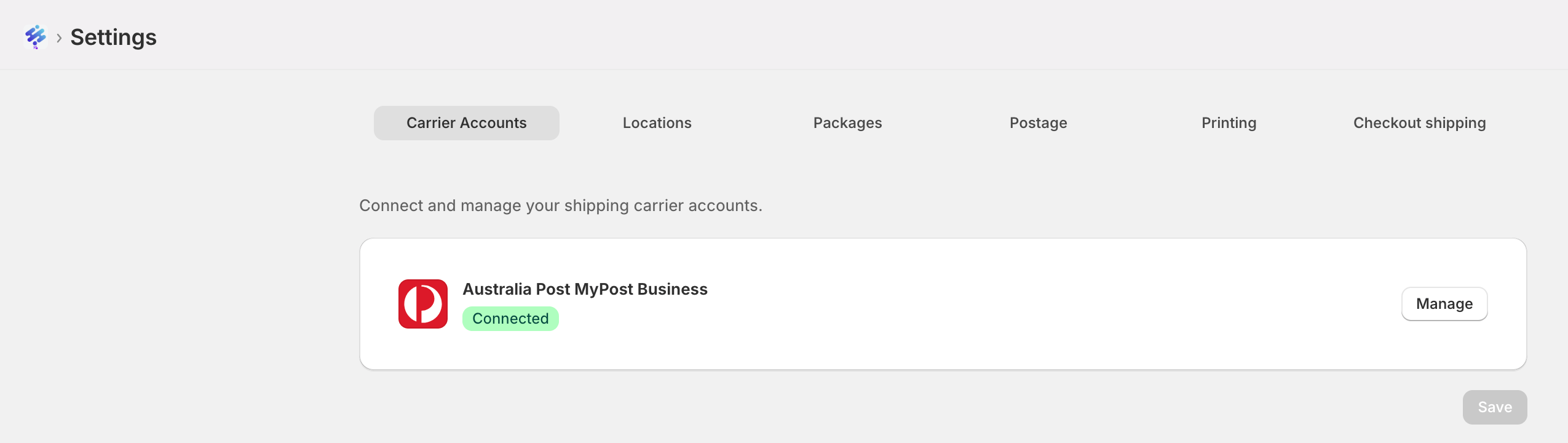 Settings Carrier Accounts page showing MyPost Business connected status