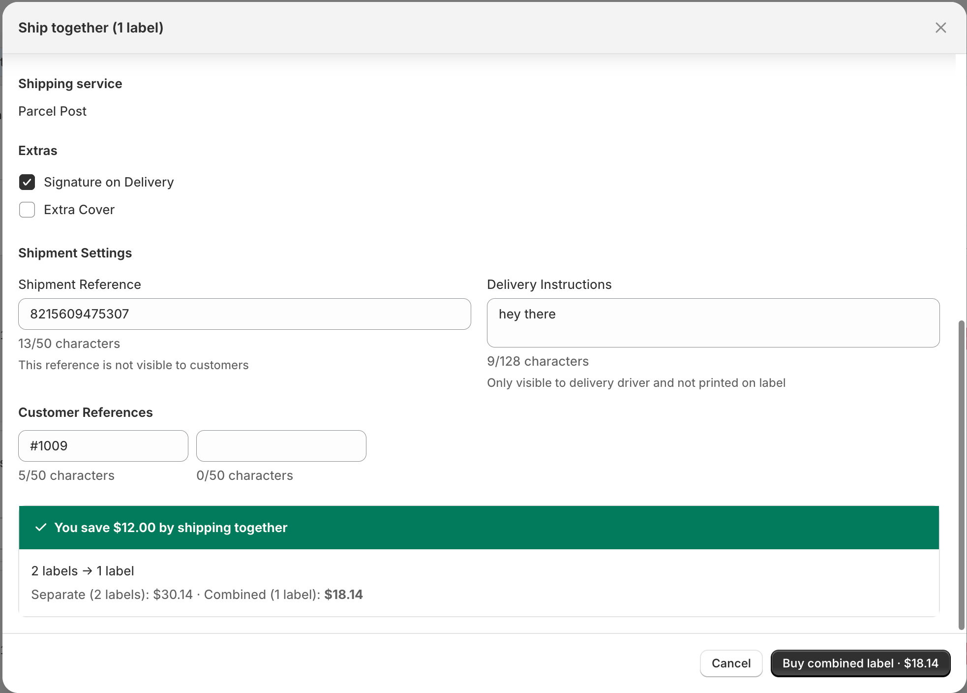 Ship together modal showing combined postage quote and savings