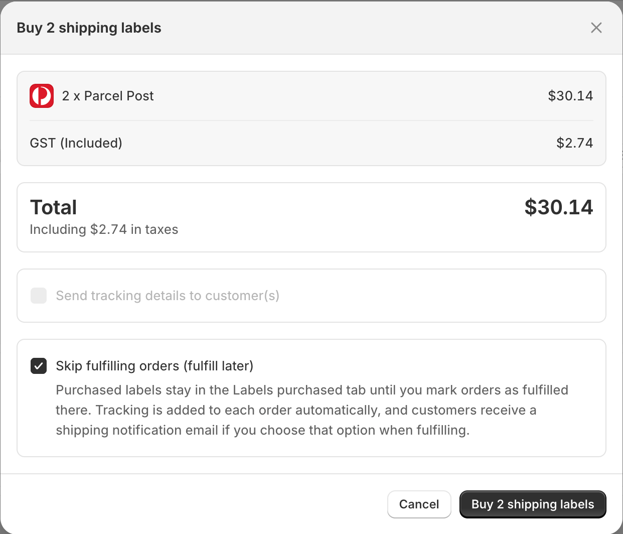 Buy postage modal with Skip fulfilling orders (fulfill later) enabled