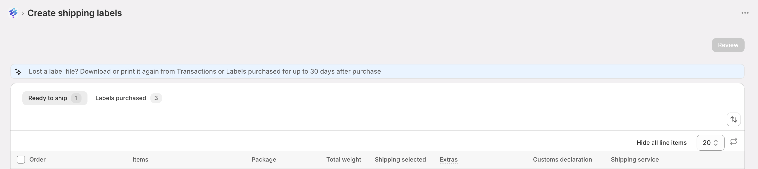 Shipping Labels page showing Ready to ship and Labels purchased tabs
