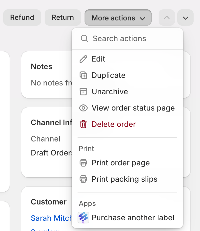 Shopify order More actions menu with Purchase another label