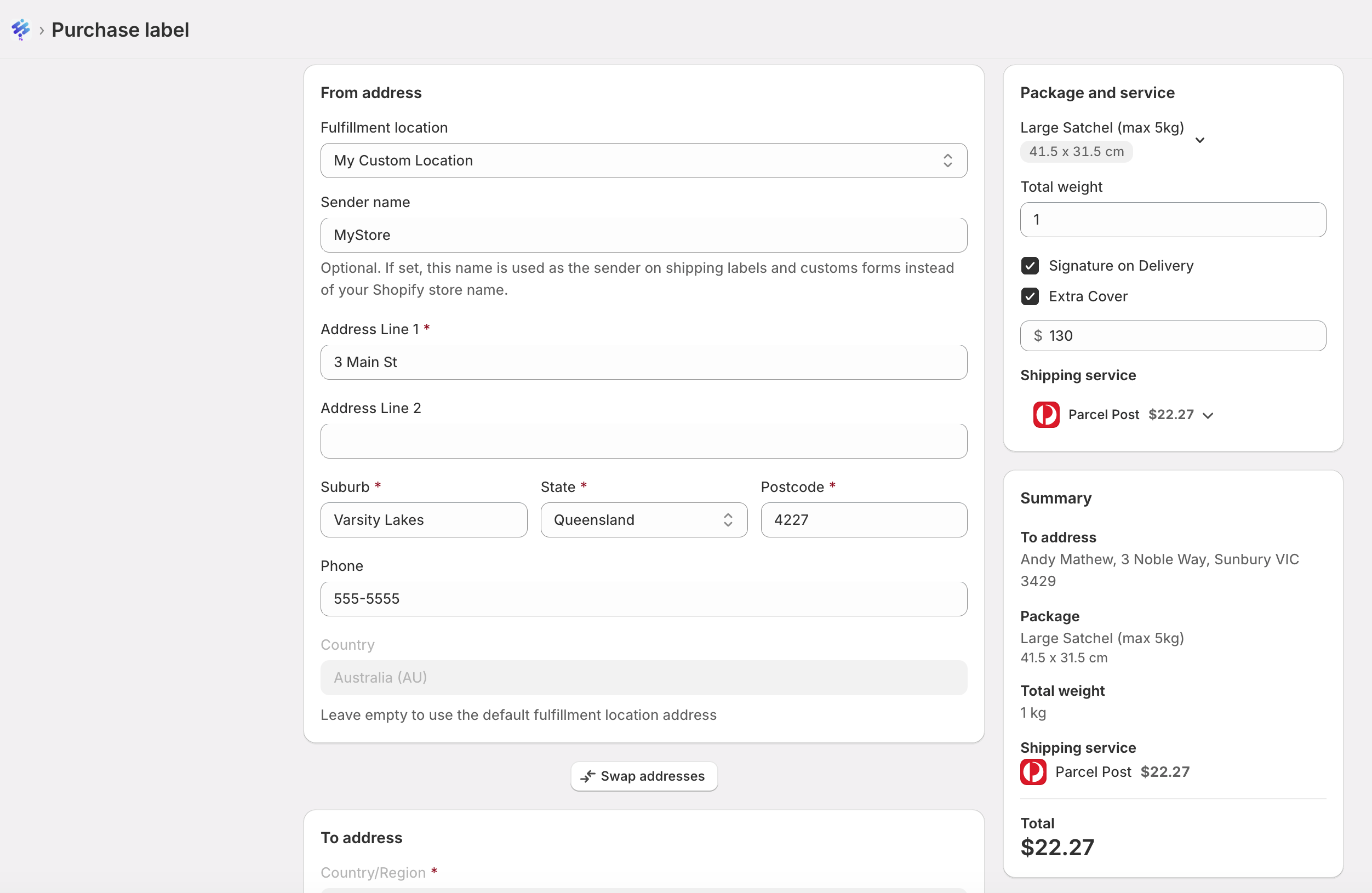 Purchase label page showing from address, to address, package, service, and purchase summary