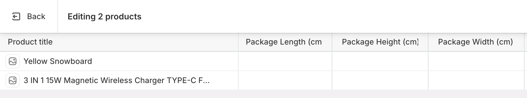 Shopify bulk editor showing dimension metafield columns