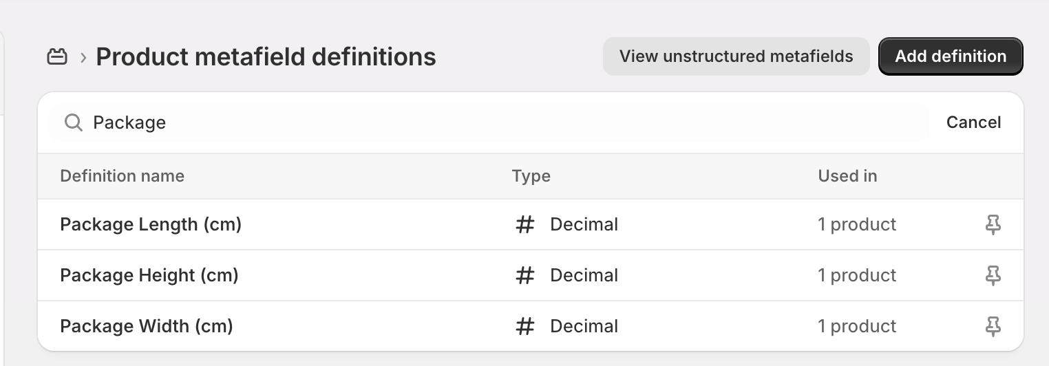 Shopify product metafields screen showing dimension fields