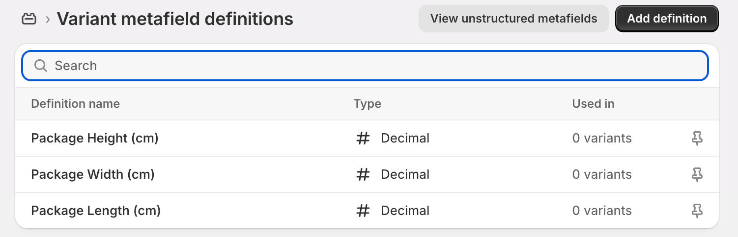 Shopify variant metafields screen showing dimension fields