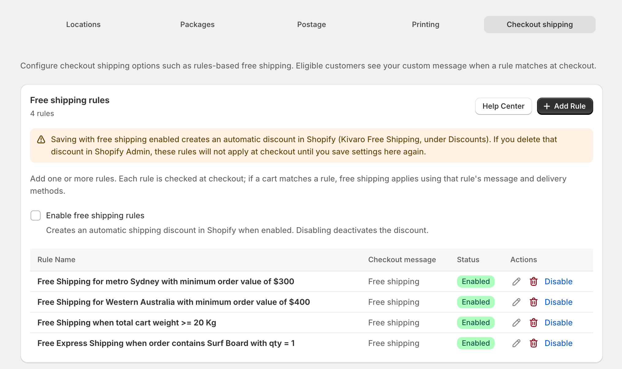 Free shipping rules list with multiple enabled rules