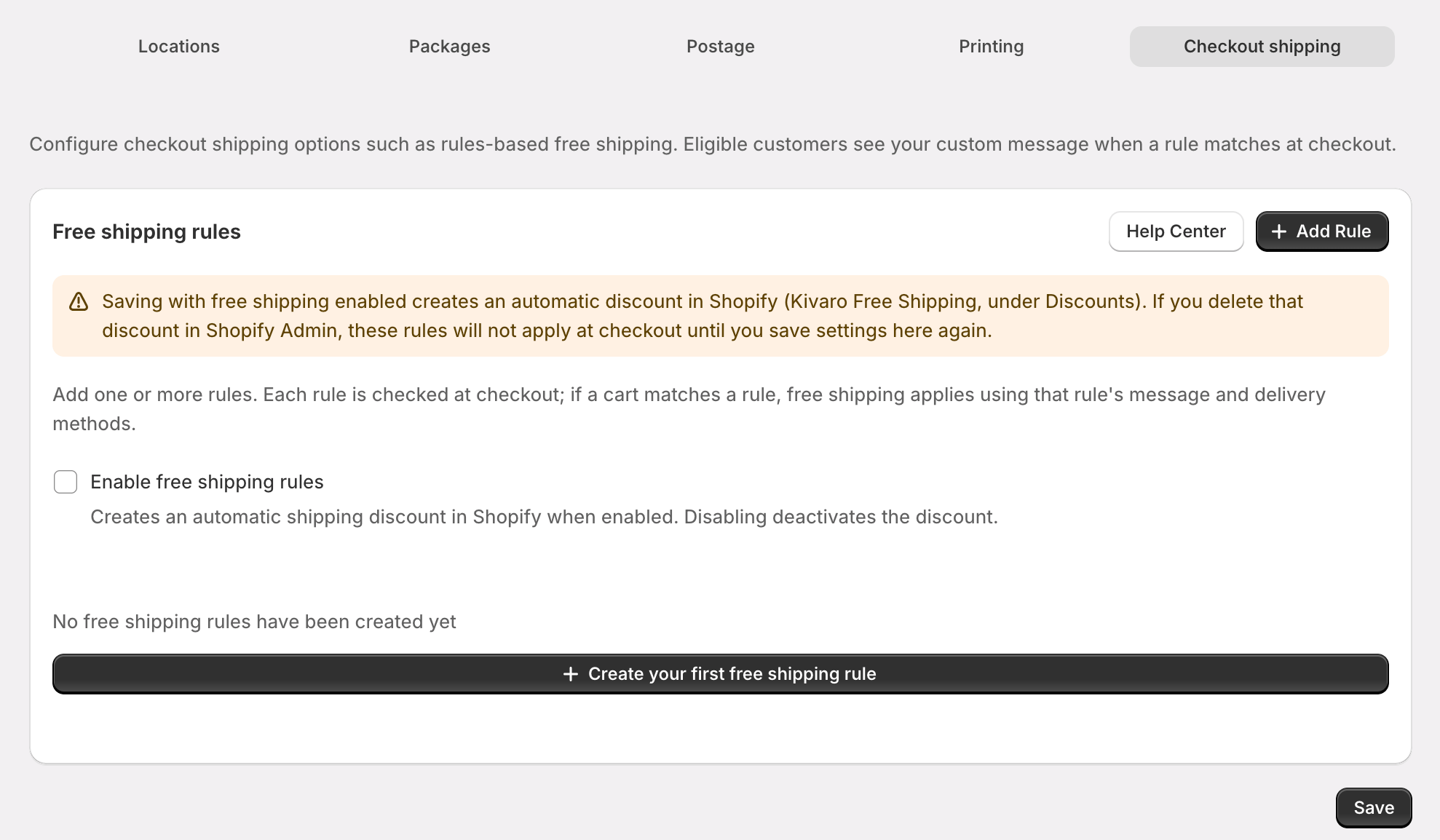 Checkout shipping settings tab showing the Free shipping rules section with Enable free shipping rules turned on
