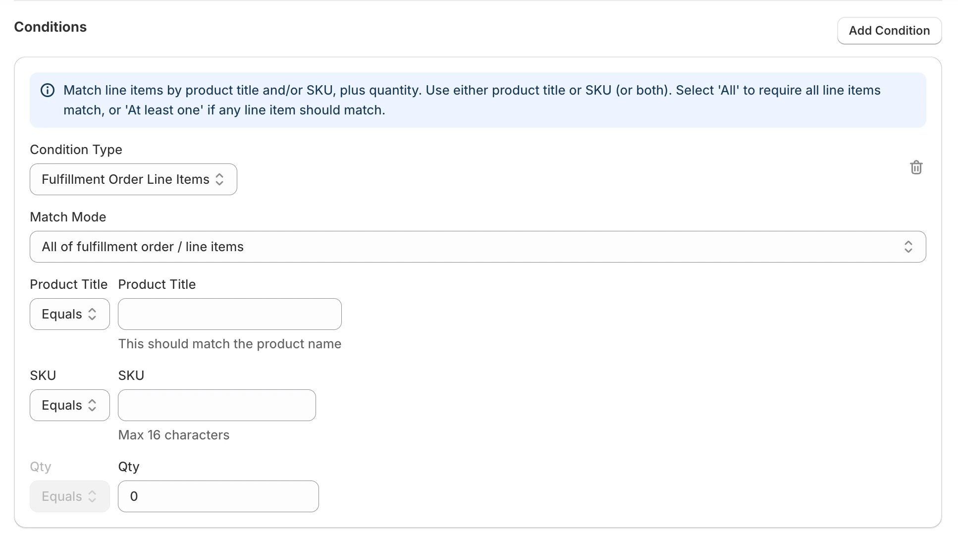 Fulfillment Order Line Items shipping rule condition with match mode, product title, SKU, and quantity options
