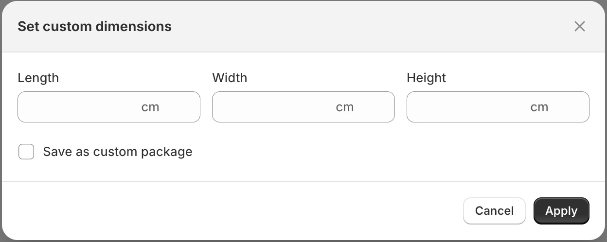 Set custom dimensions modal with Length, Width, Height fields, Save as custom package checkbox, and Apply button