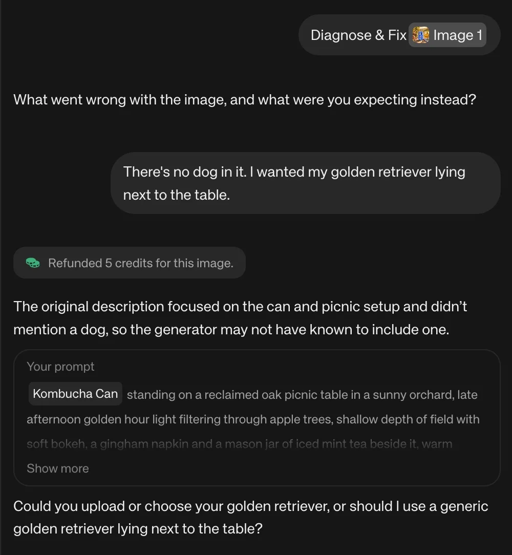 Agent chat showing a refunded credits note, a likely cause and the prompt it came from