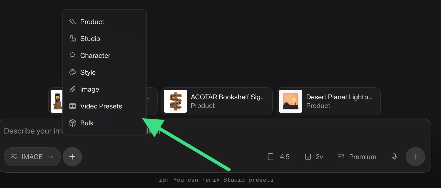 Bulk option in the + menu of the generation bar