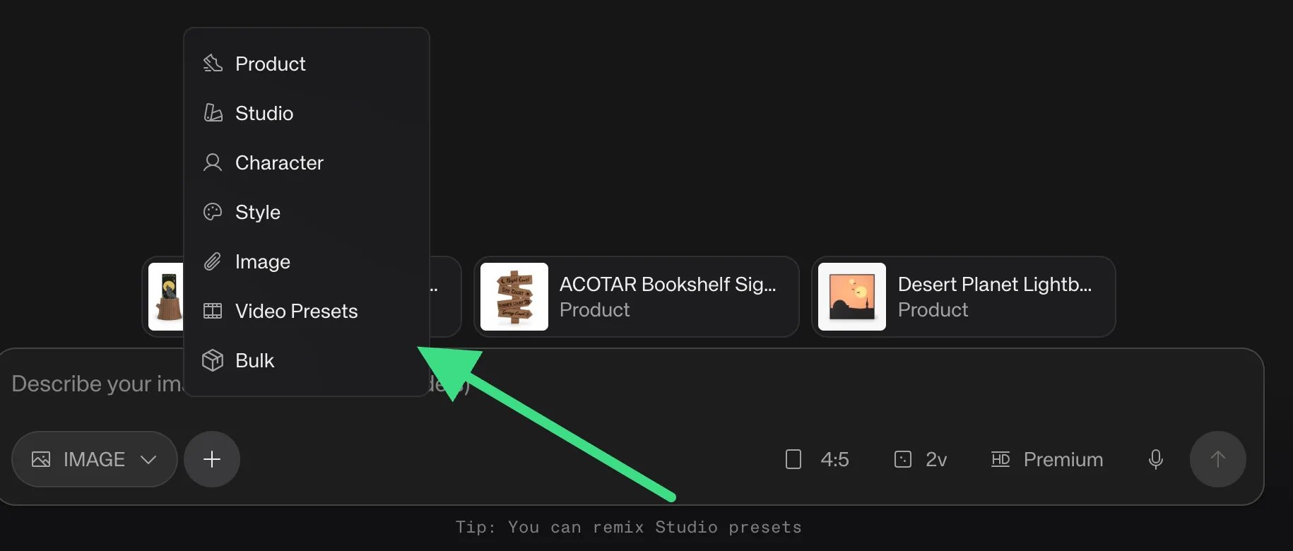 Bulk option in the + menu of the generation bar