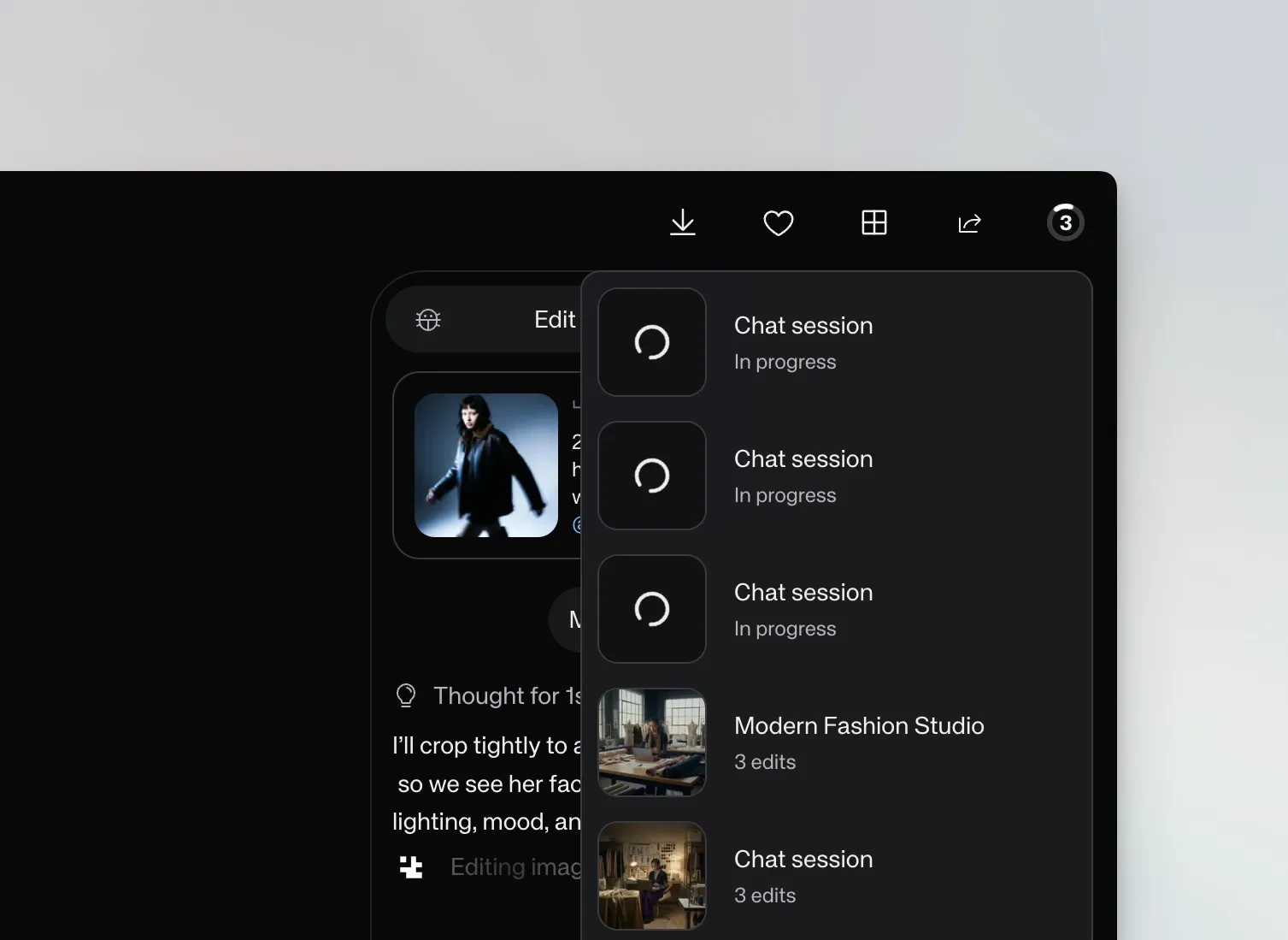 Background agents panel showing three chat sessions in progress alongside completed sessions