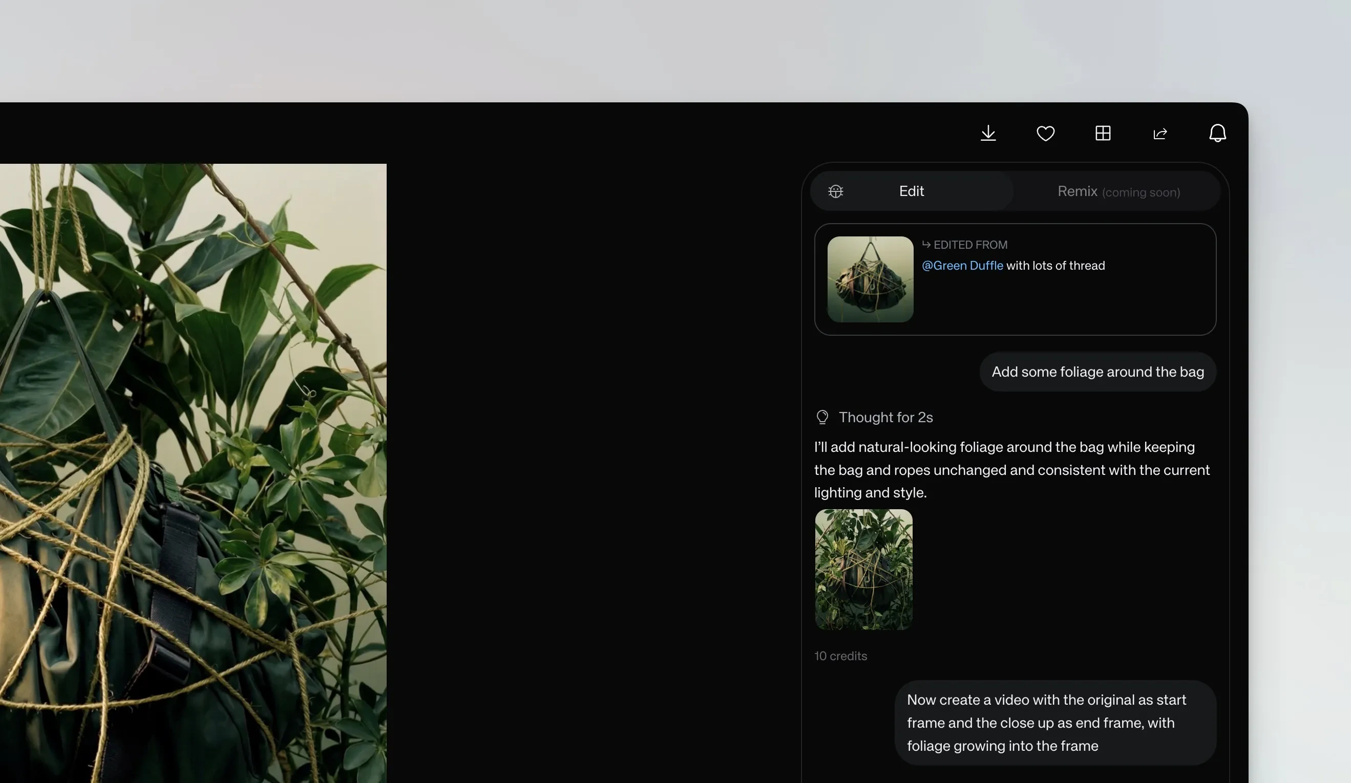 Chat mode conversation showing a chained workflow — first editing the image, then requesting a video with start and end frames