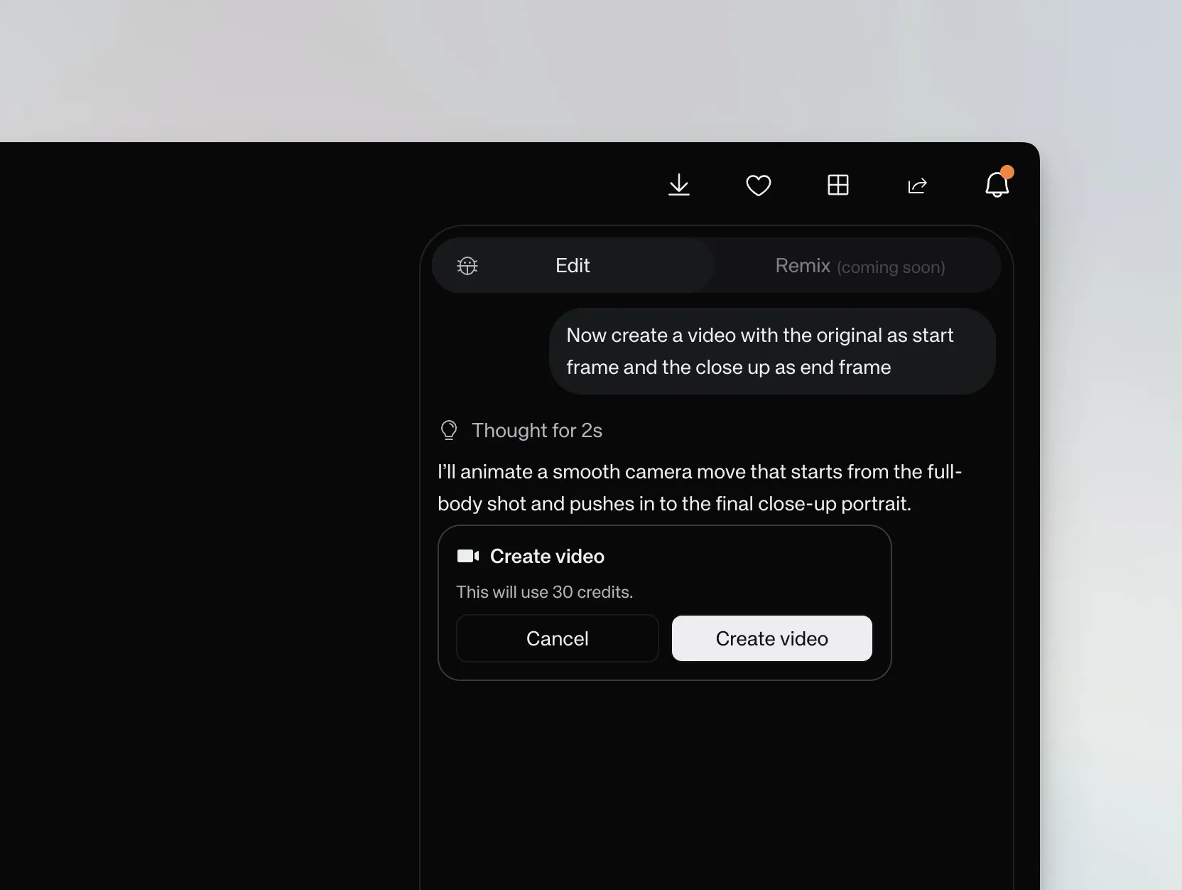 Chat mode video confirmation dialog with Cancel and Create video buttons