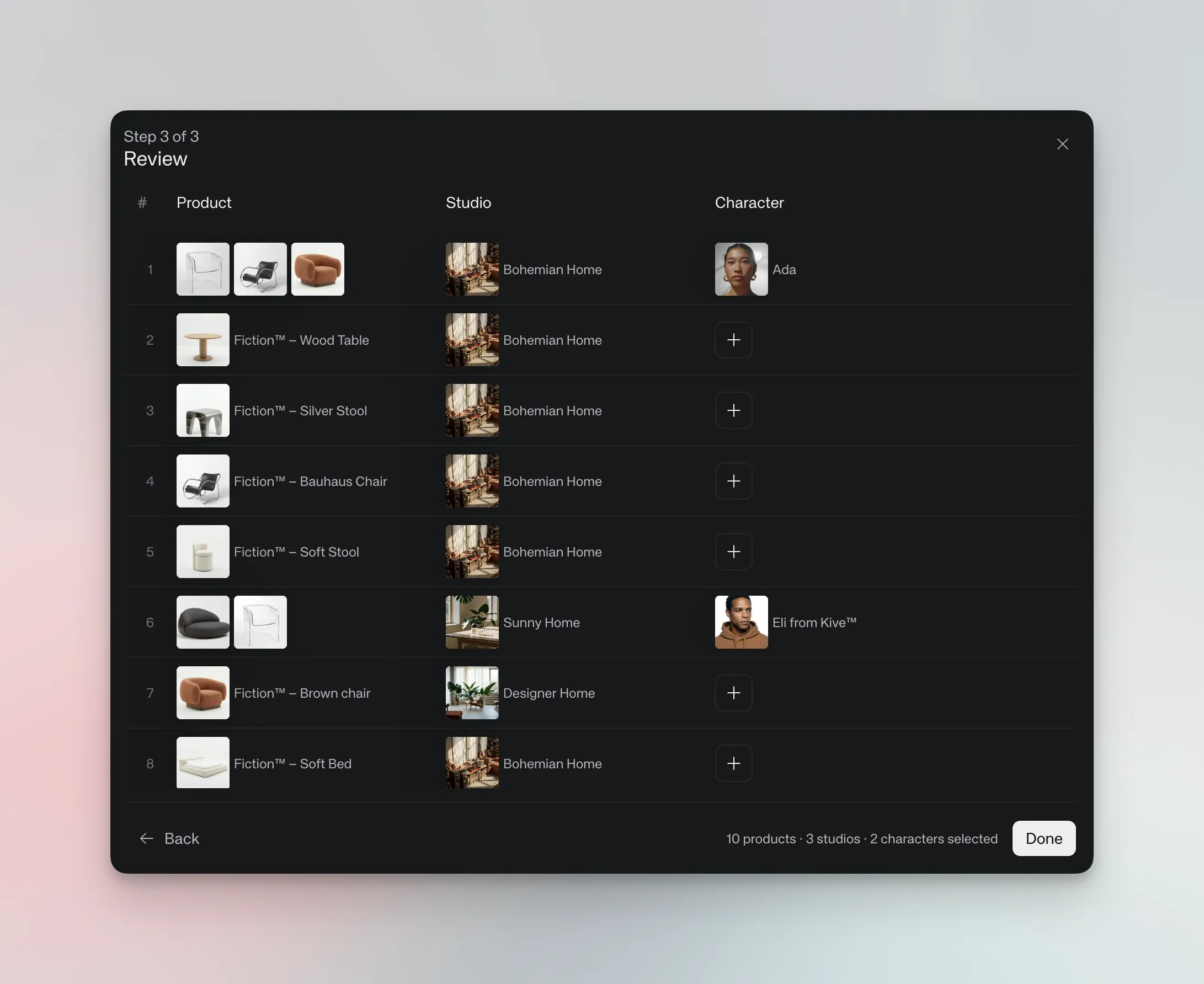 Review screen showing product line items with studio and character columns