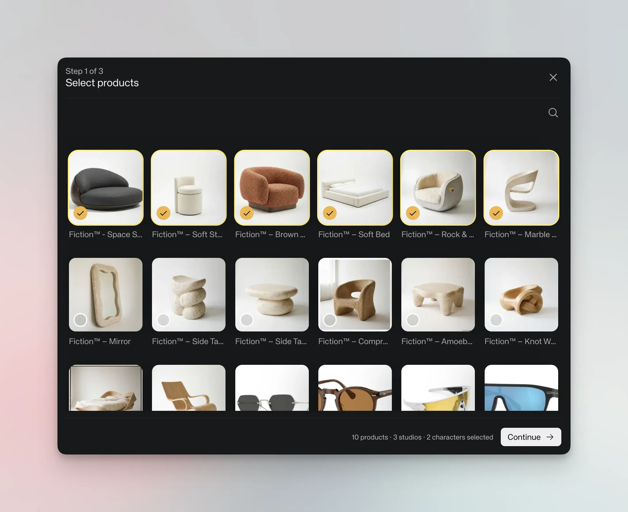 Select products screen showing product grid with checkmarks