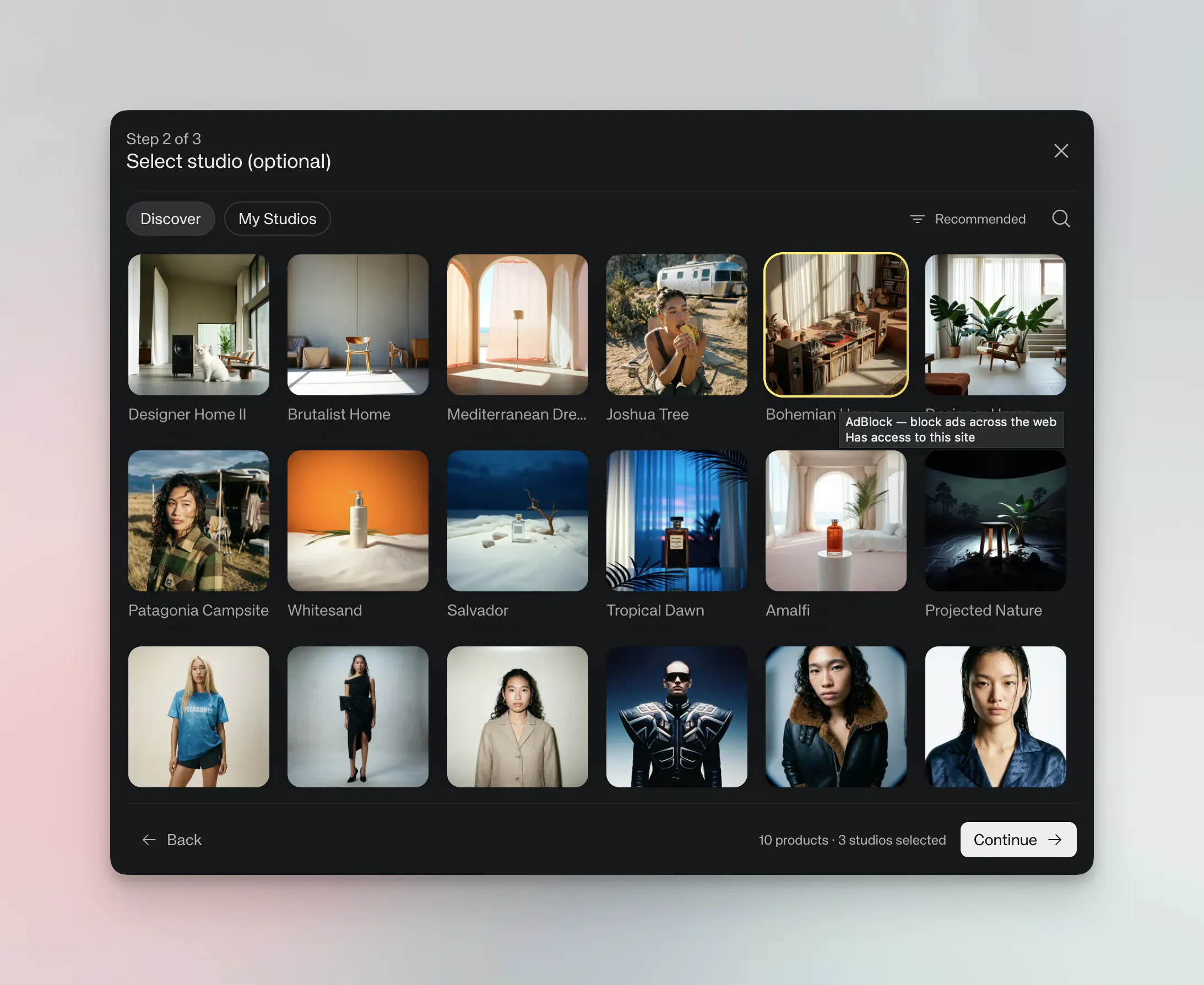 Select studio preset screen with Discover and My Studios tabs