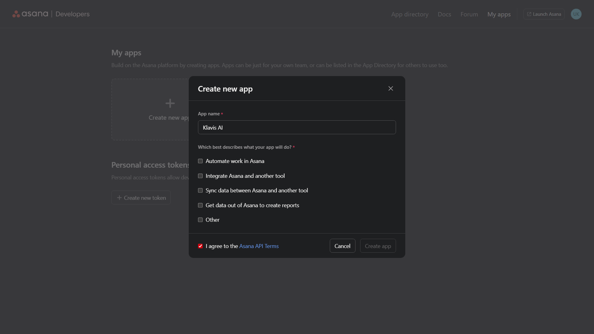 Asana App Creation Form