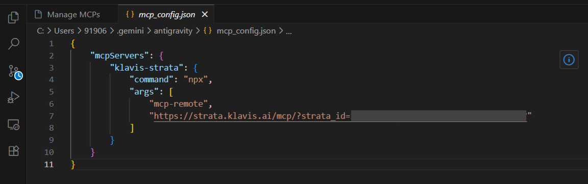 Paste strata URL in mcp_config.json file of Antigravity IDE