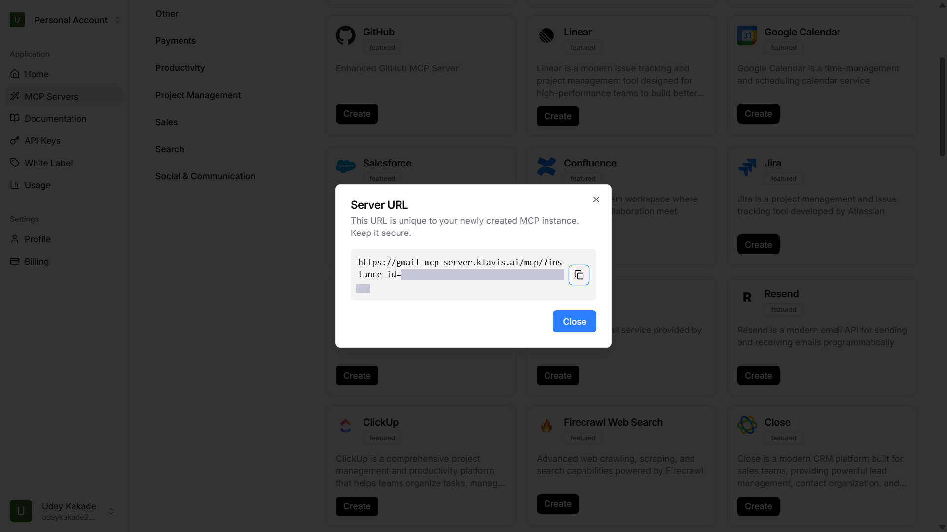 Server URL generated