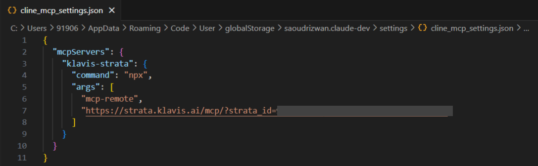 Paste Strata code in cline_mcp_settings.json file of Cline
