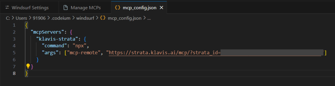 Paste strata URL in mcp_config.json file of Windsurf IDE