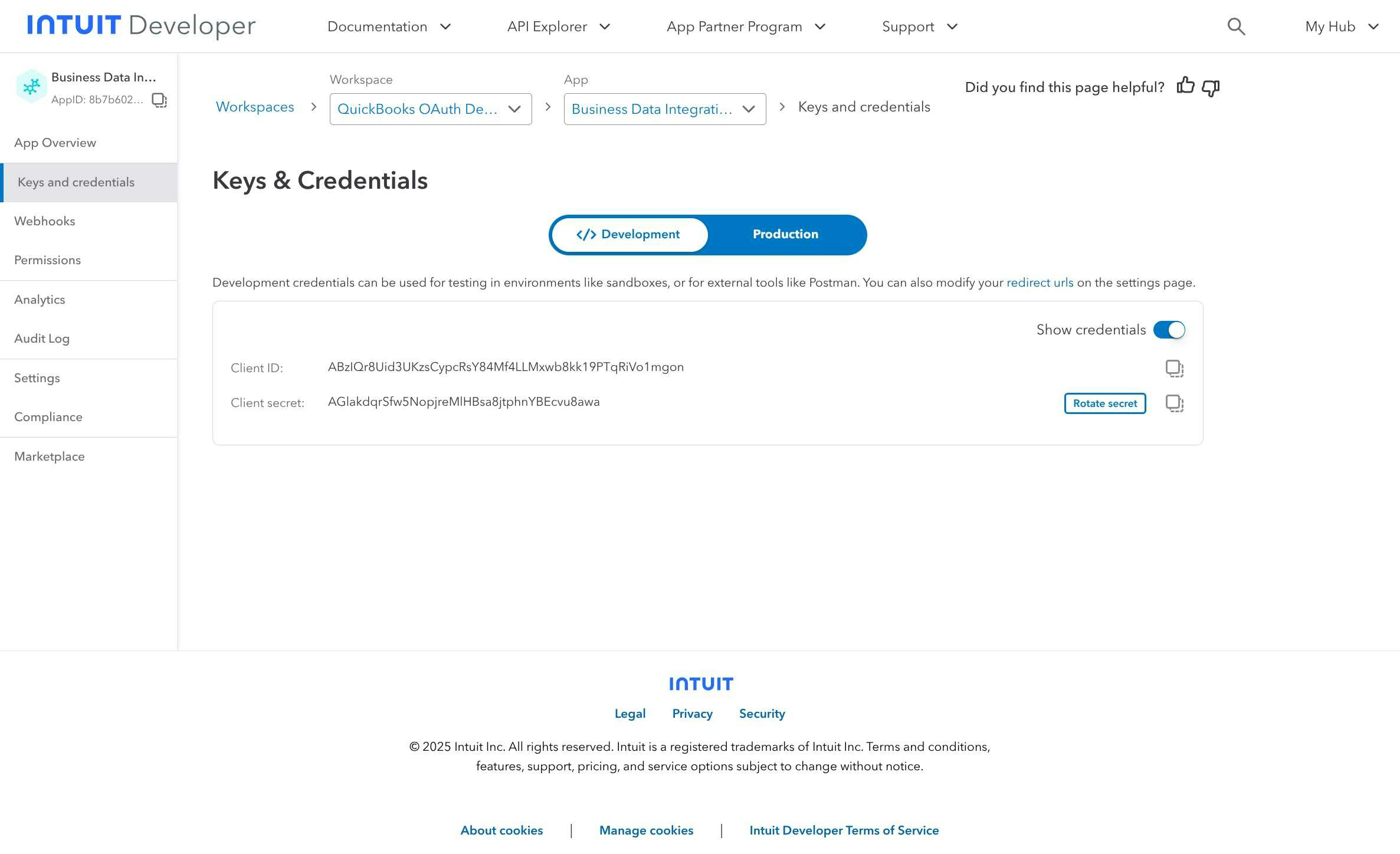 Keys and Credentials Page