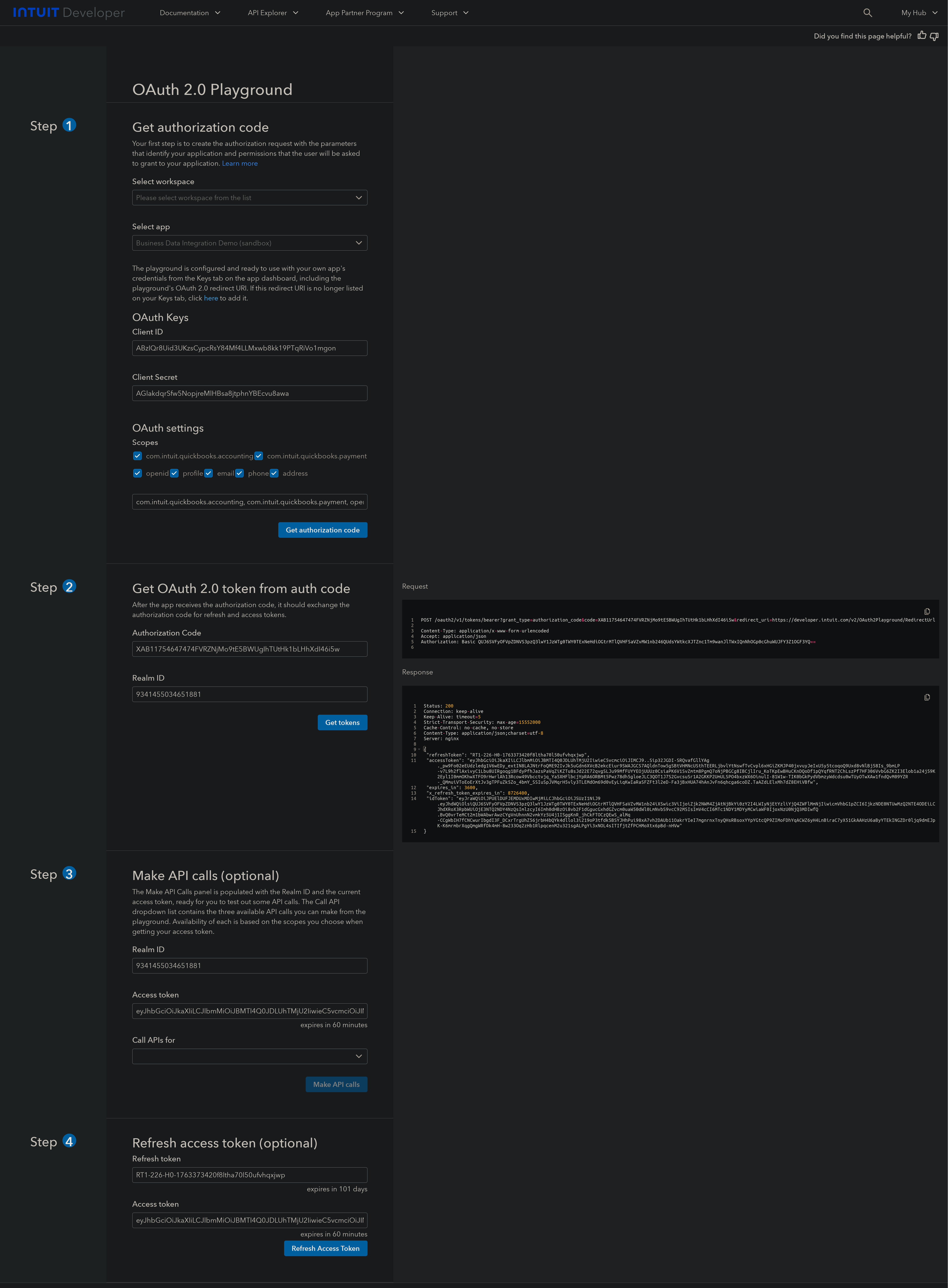 Intuit API Playground - Get Access Token and Realm ID