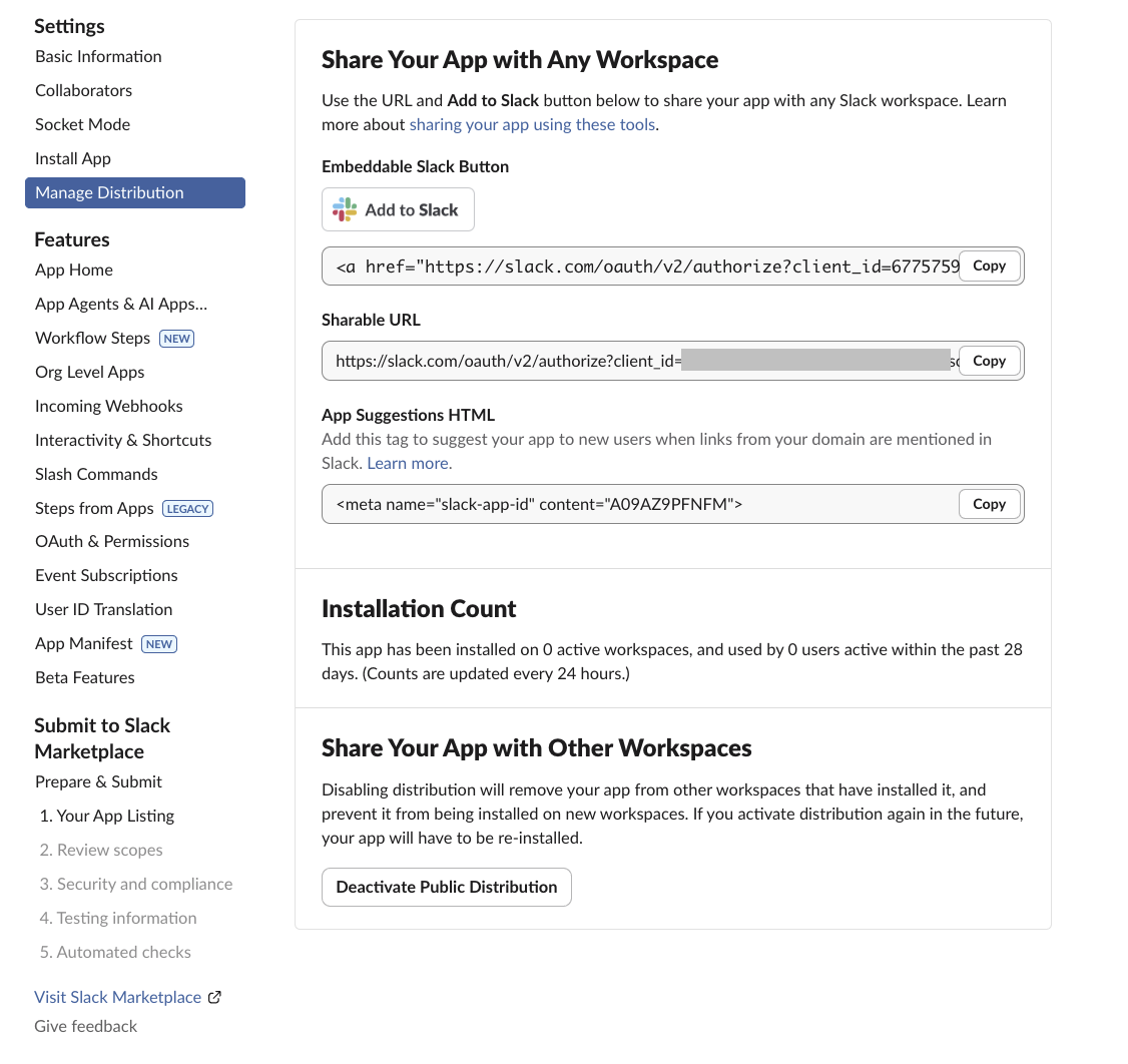 Slack App Distribution Settings