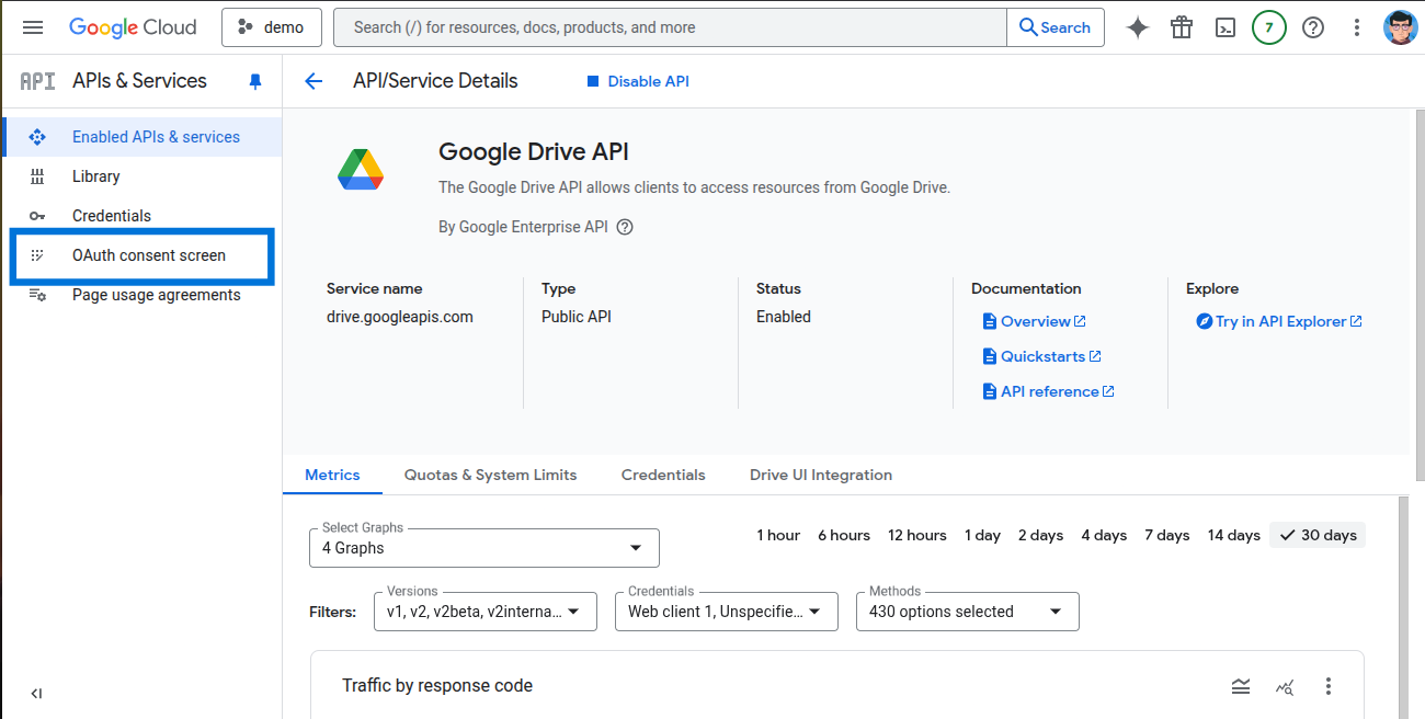 OAuth consent screen menu