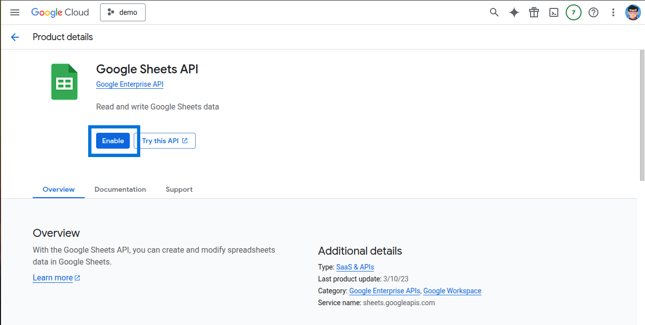 Enable Google Sheets API