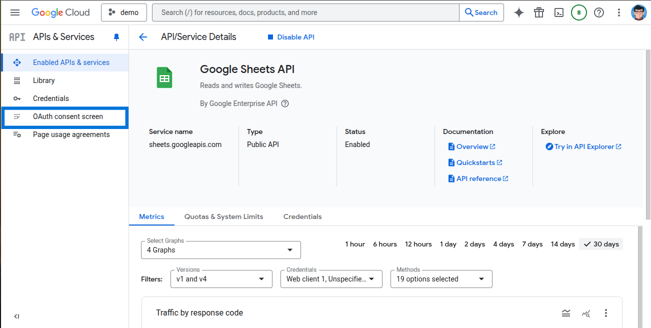 OAuth consent screen menu