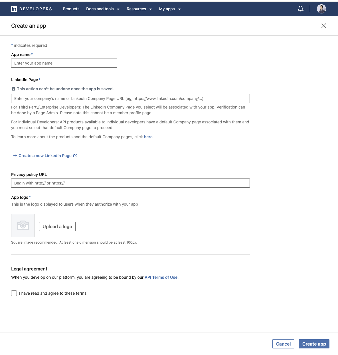 LinkedIn App Creation Form