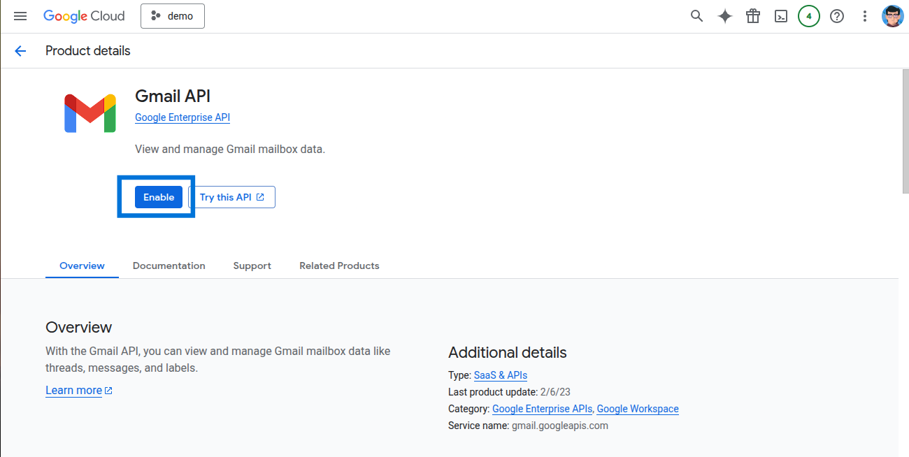 Enable Gmail API